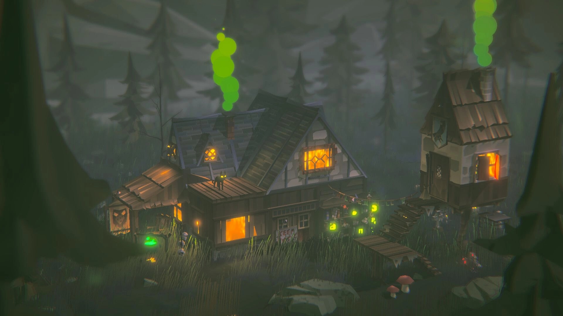 Wicked Cabins: Glowing cabin build with eerie green smoke and lanterns in a foggy pine forest clearing.