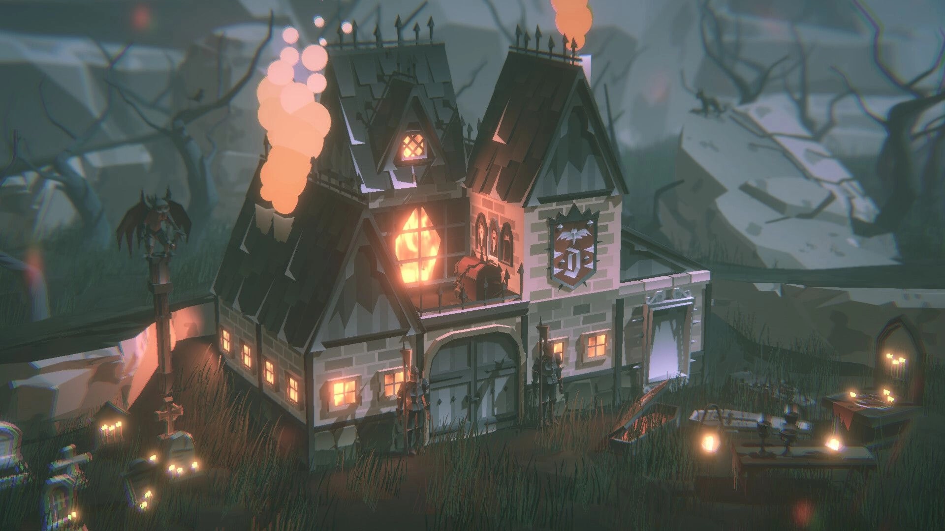 Wicked Cabins: Glowing gothic house with smoky chimneys in misty graveyard, candles and tombstones nearby.