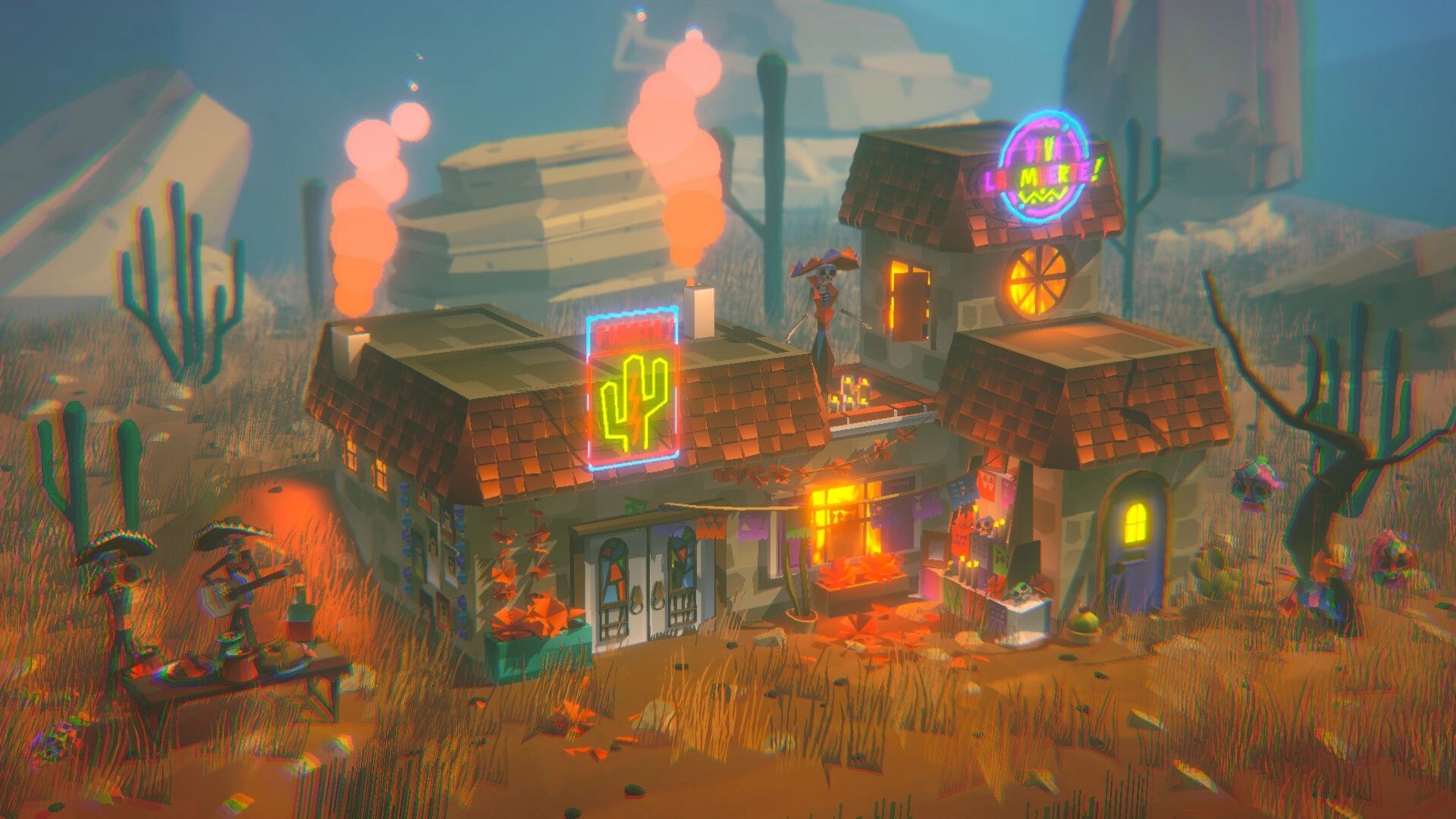 Wicked Cabins: Neon-lit cantina diorama with candles and banners in a foggy desert with cacti.