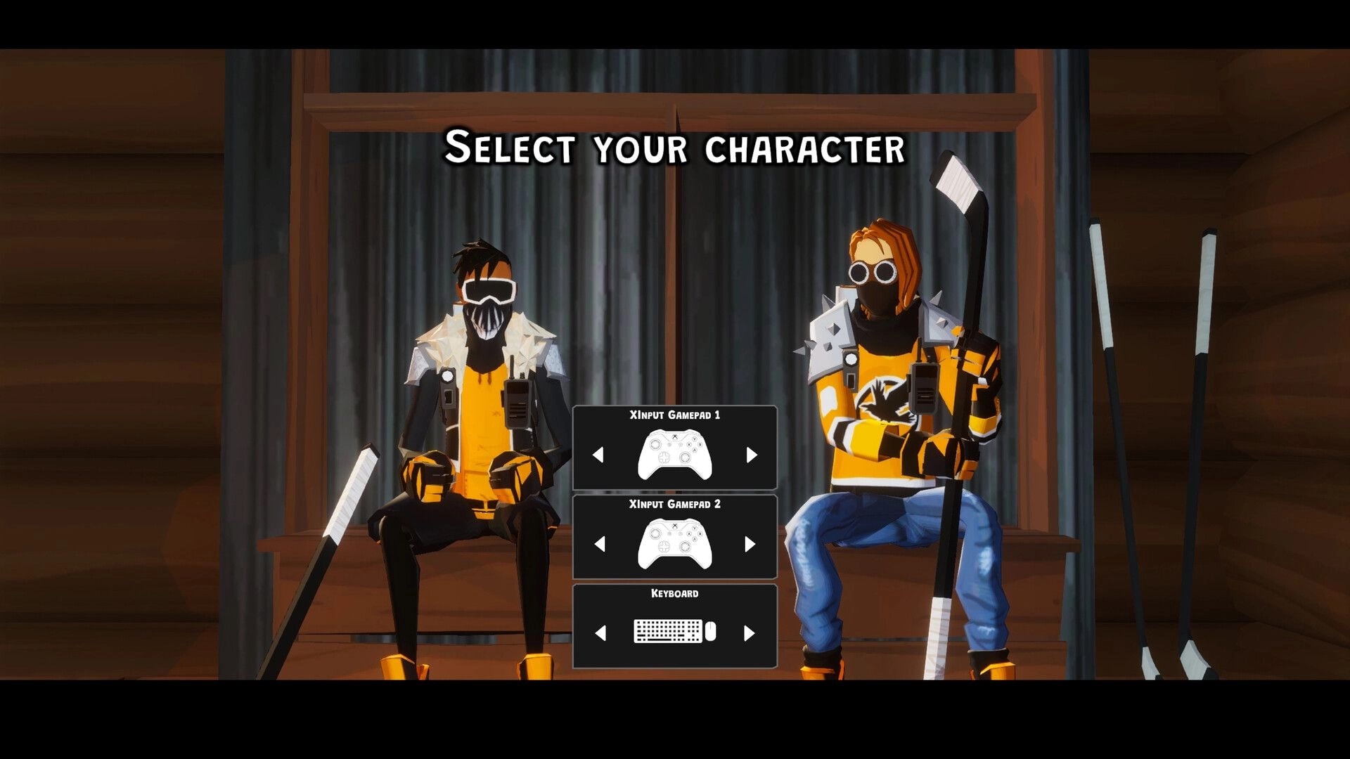 Wild Ice: Character select screen with two masked hockey players on a wooden bench in a cabin.