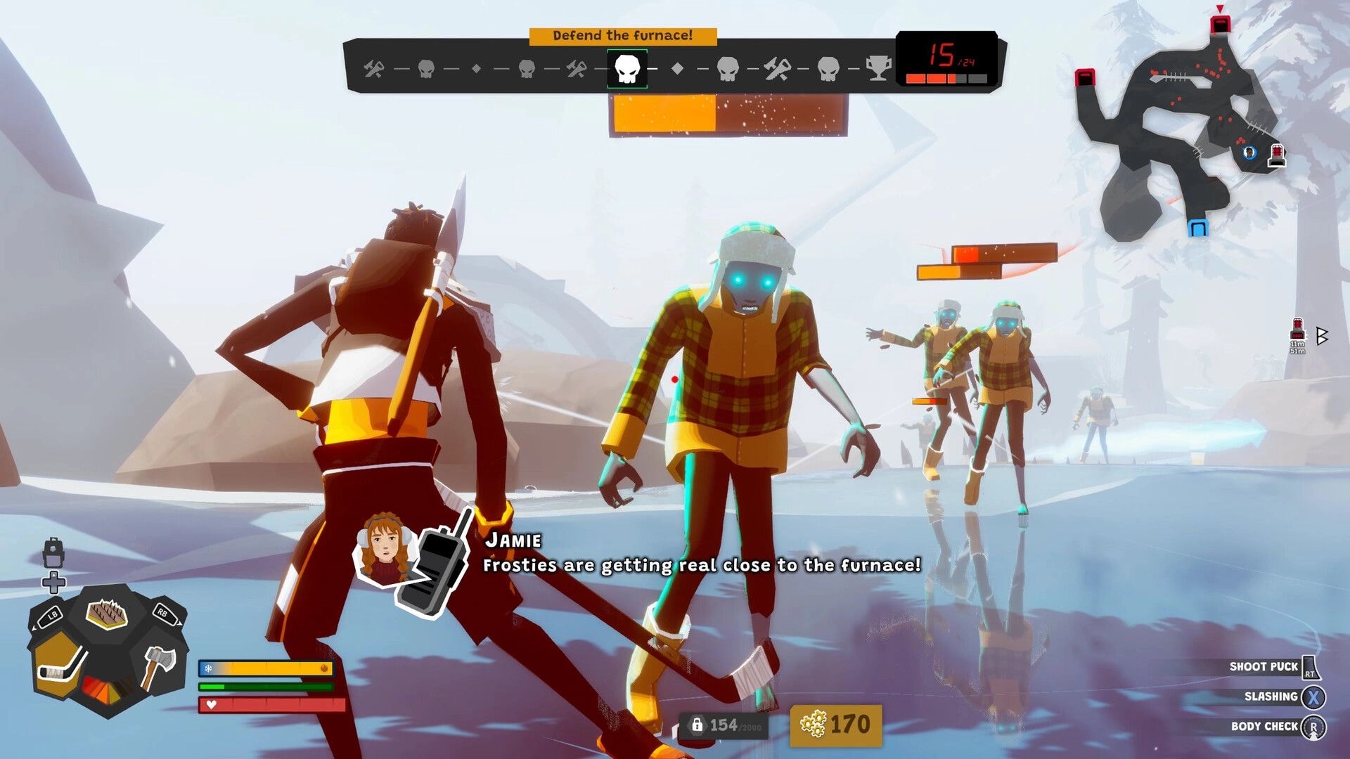 Wild Ice: Player squares off with glowing-eyed frost zombies on icy lake, defend furnace UI up.