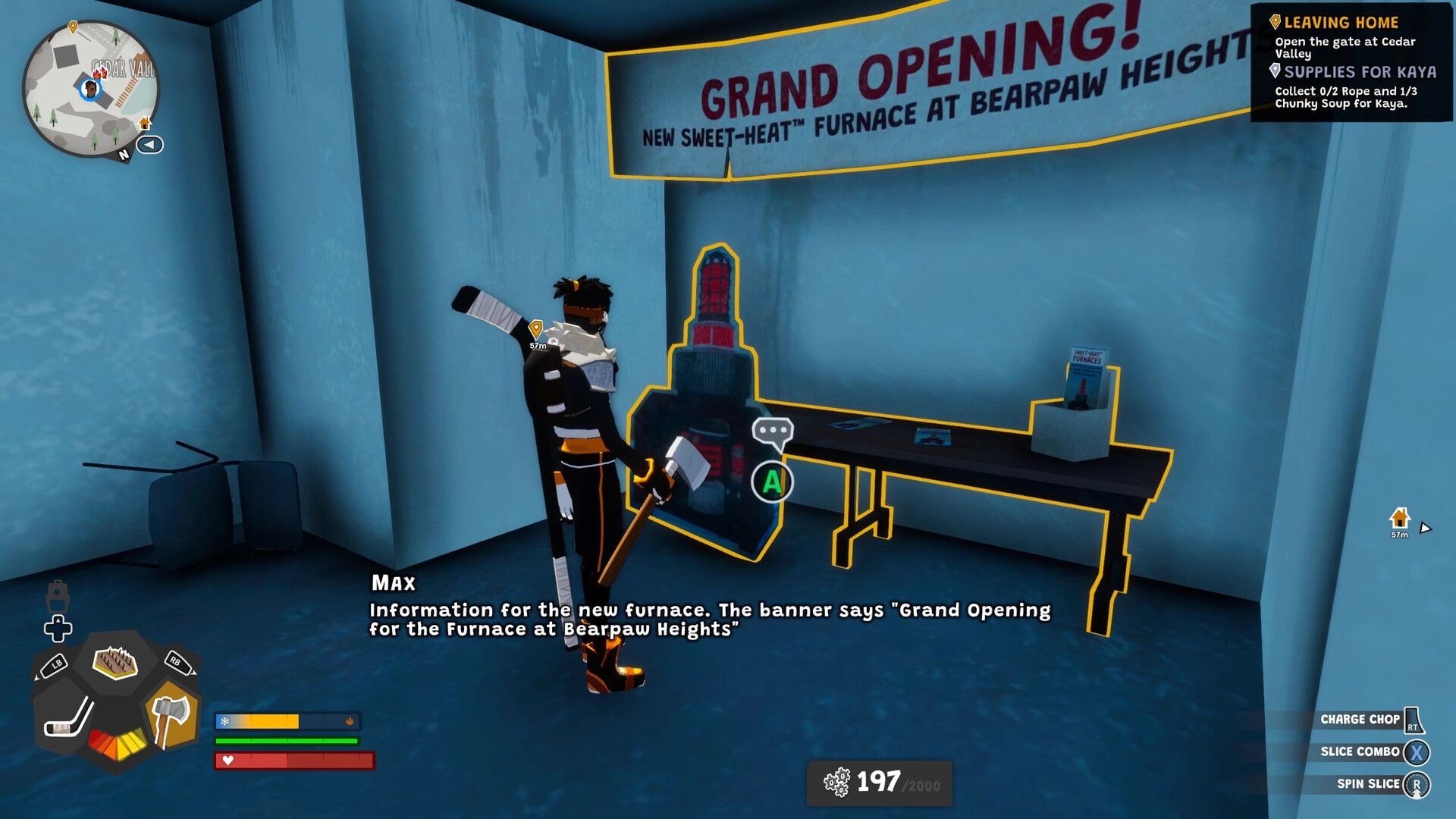 Wild Ice: Player reads furnace info prompt by a desk and banner inside an icy blue room UI visible.