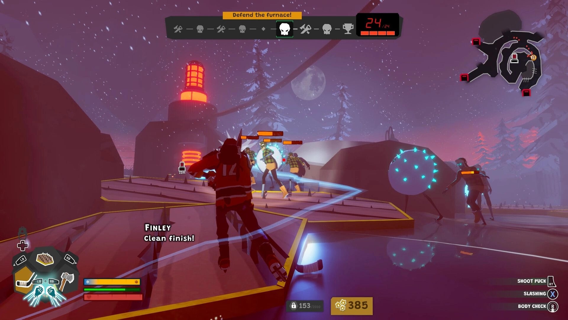 Wild Ice: Hockey player fights frost zombies near glowing furnace on icy platform, defend UI up top.