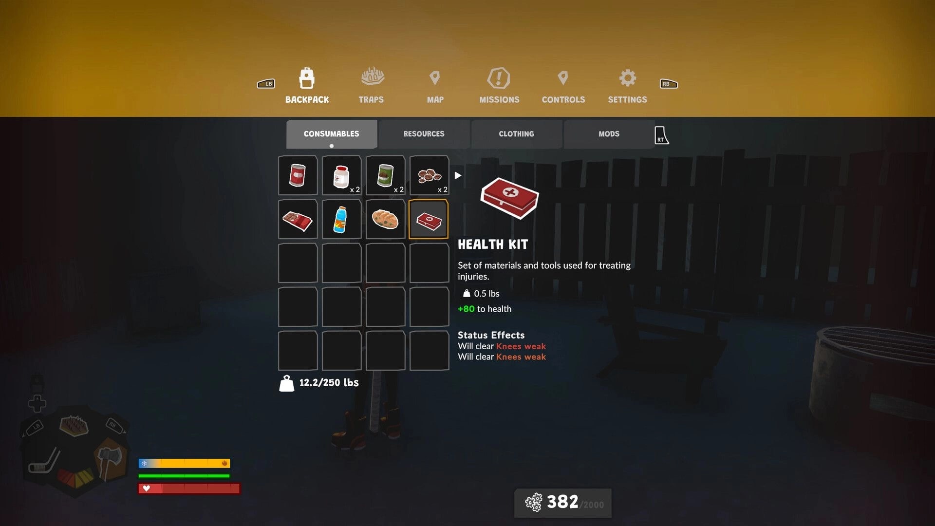 Wild Ice: Backpack consumables menu highlighting a health kit, with item grid over dark base interior.