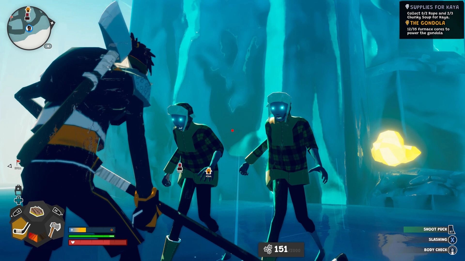 Wild Ice: Player aims hockey stick at two glowing-eyed zombies in a blue ice cavern with quest HUD.