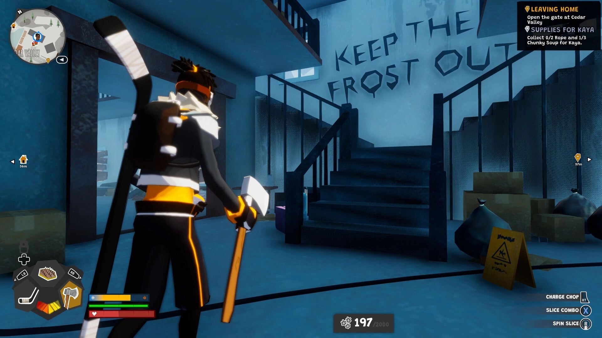 Wild Ice: Player with hockey stick faces stairwell and “KEEP THE FROST OUT” graffiti in base lobby.