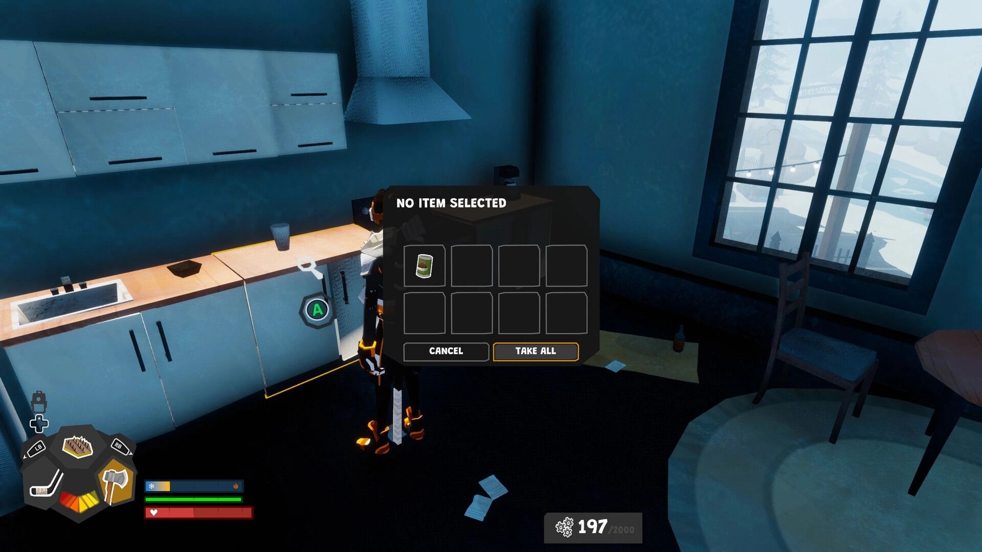 Wild Ice: Loot inventory popup with take all button as player searches kitchen cabinets in cabin.