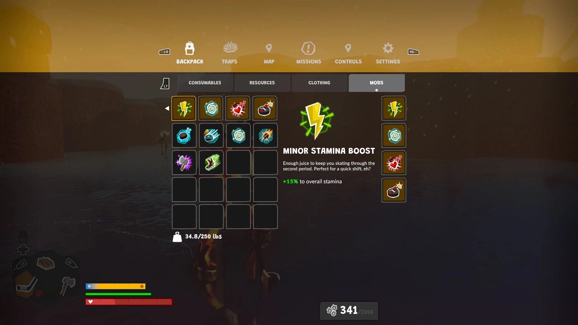 Wild Ice: Backpack mods menu highlighting Minor Stamina Boost over a snowy rink at dusk.