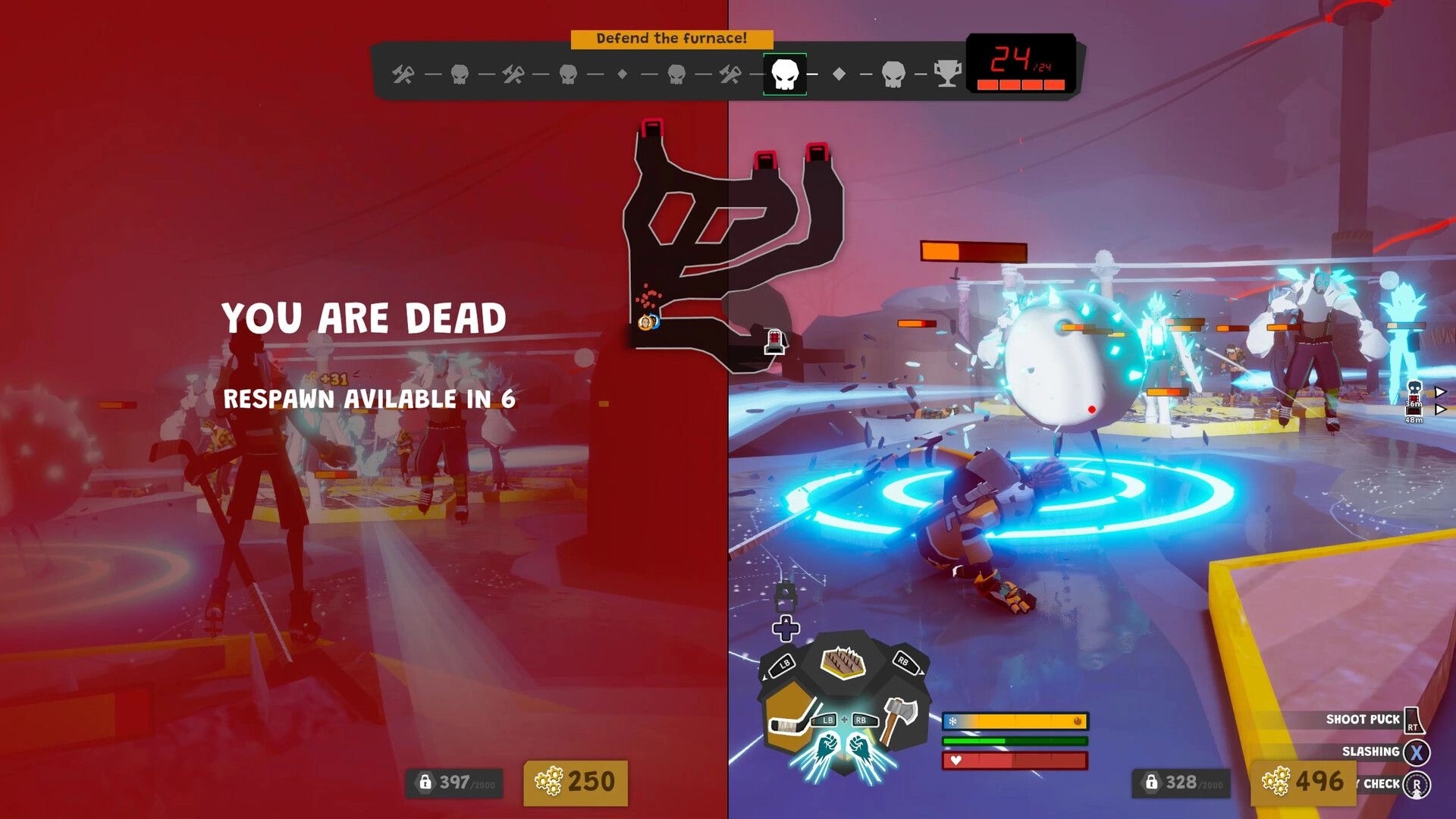 Wild Ice: Death screen with respawn timer and defend furnace HUD during icy zombie battle arena.