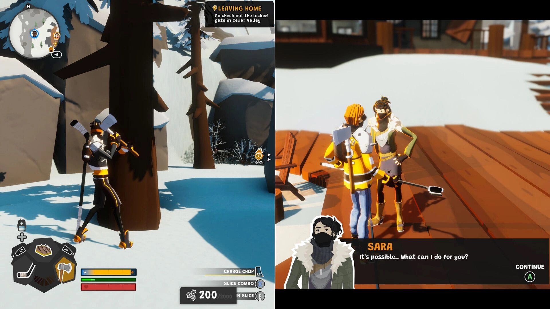Wild Ice: Player with hockey stick by snowy trees, then dialogue with Sara on a wooden deck UI.