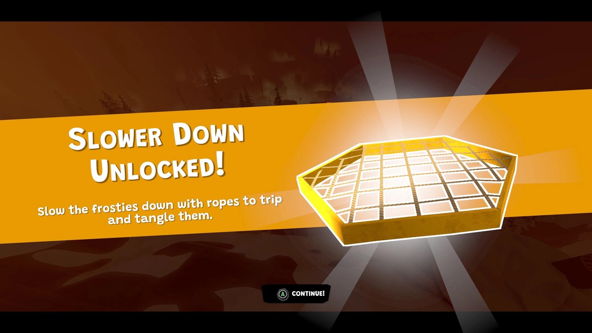 Wild Ice: “Slower Down Unlocked!” pop-up tutorial with rope trap icon and Continue button overlay.