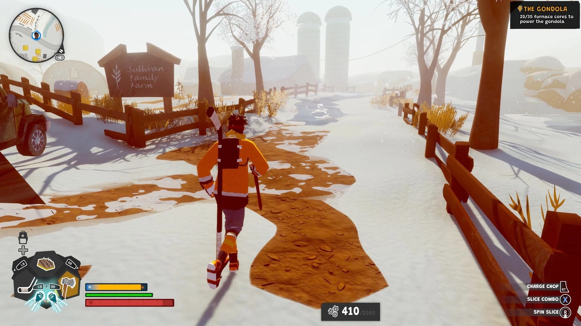 Wild Ice: Player runs along snowy farm road past Sullivan Family Farm sign, quest tracker and HUD visible.