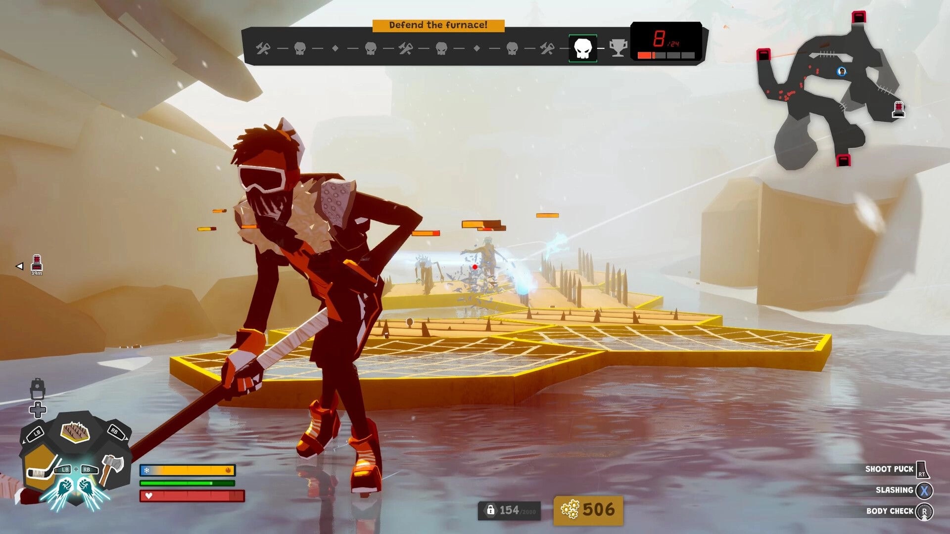 Wild Ice: Hockey fighter aims at frost zombies on icy platform with spikes, minimap and wave UI.