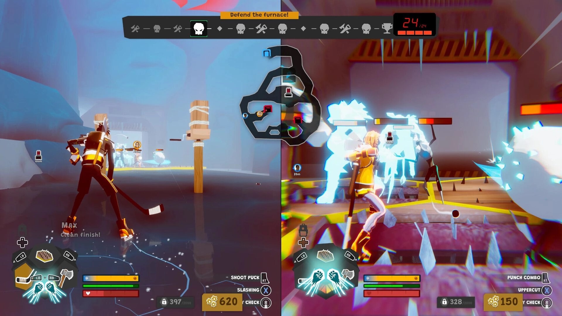 Wild Ice: Split-screen players fight glowing ice enemies as “Defend the furnace!” appears in an icy arena.