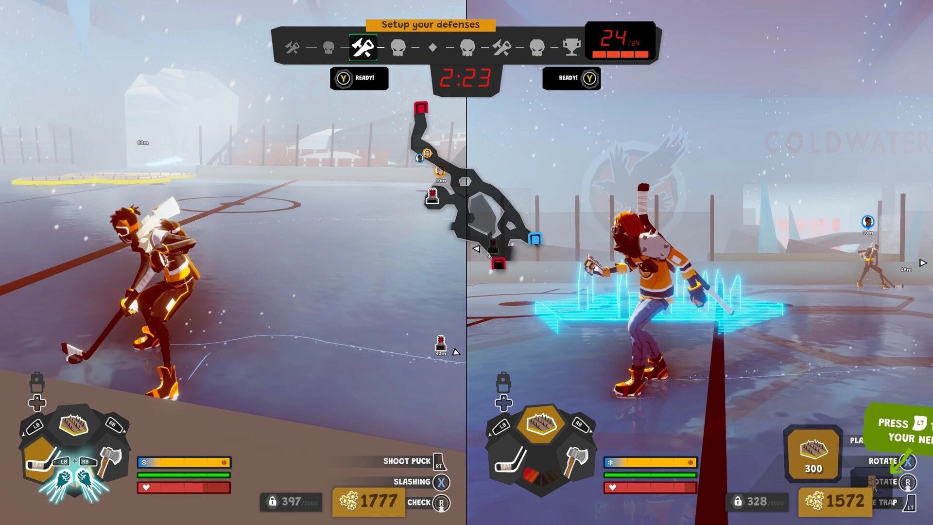 Wild Ice: Split-screen defense setup with two hockey heroes placing traps on a snowy ice rink.