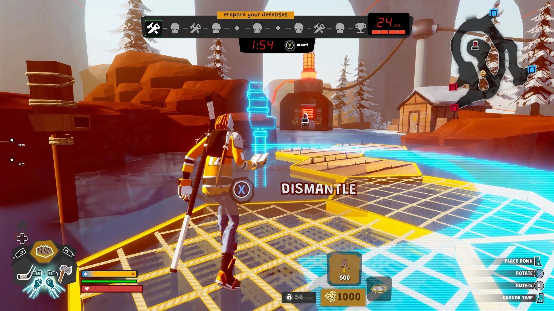 Wild Ice: Player places spike traps on an icy path near a furnace, with prepare defenses UI timer.