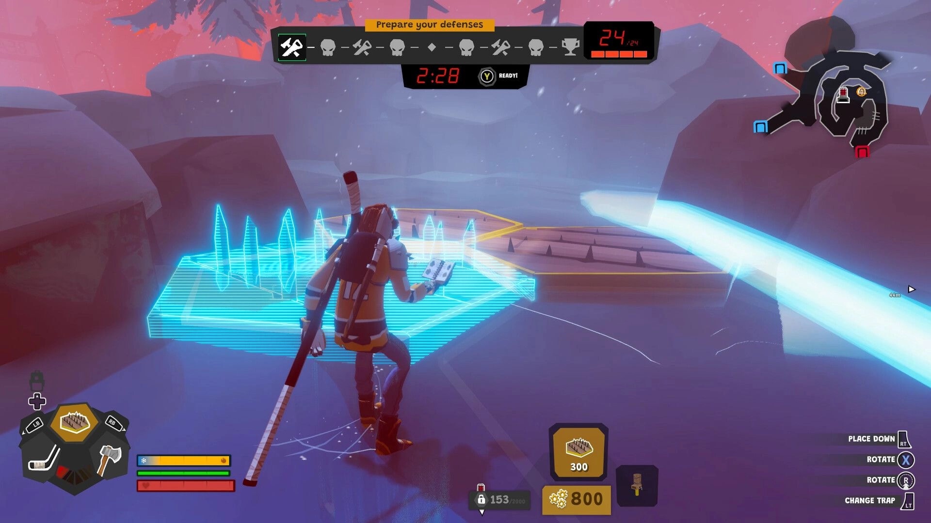 Wild Ice: Player places a glowing spike trap blueprint on icy path during prepare defenses phase.