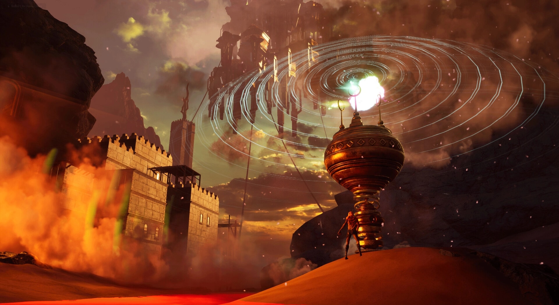 Witherbloom: Lone adventurer approaches a glowing orb device amid ruins and swirling sky rings.