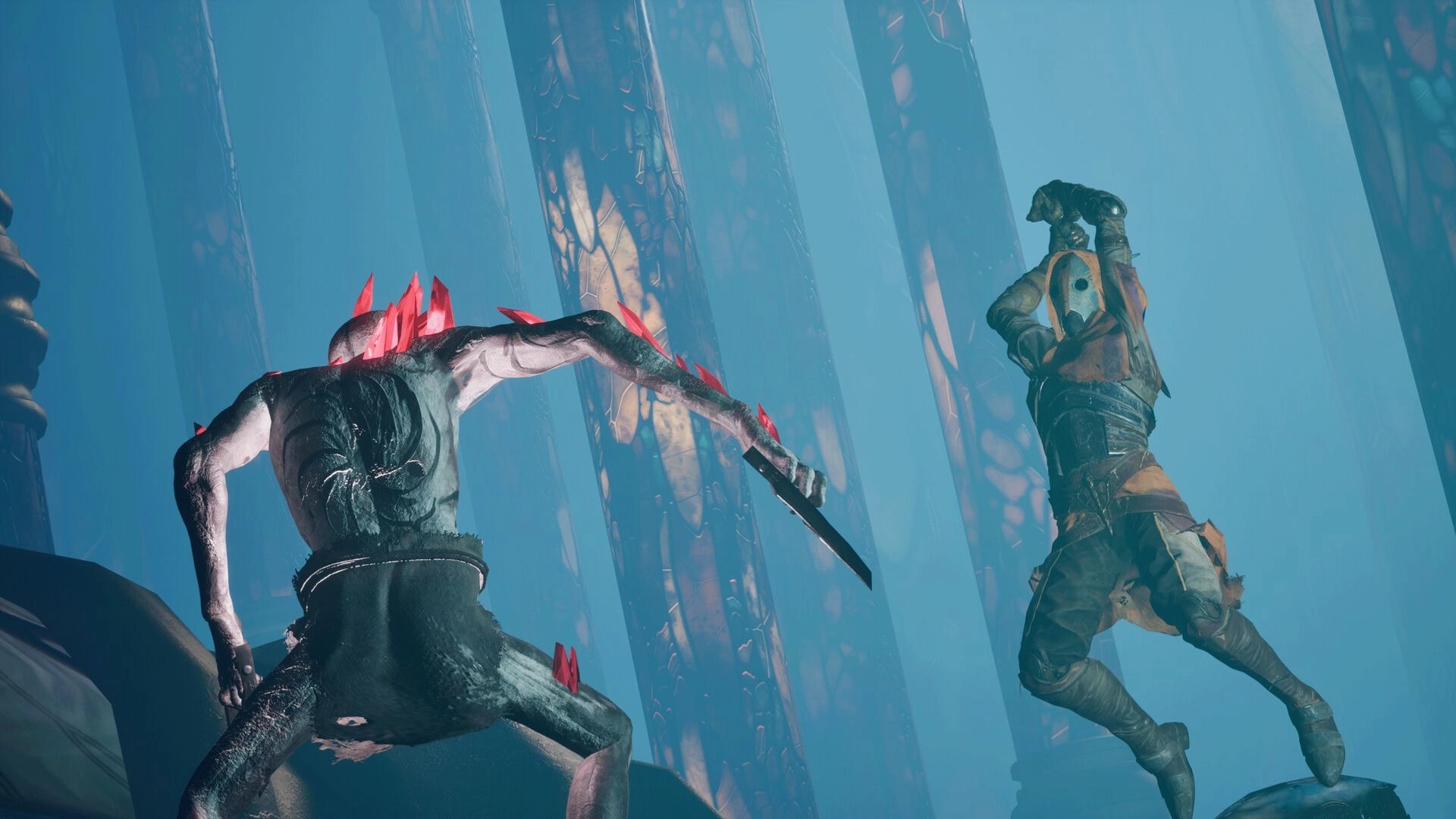 Witherbloom: Masked fighter leaps at crystal-spiked monster in misty blue cavern with tall pillars.