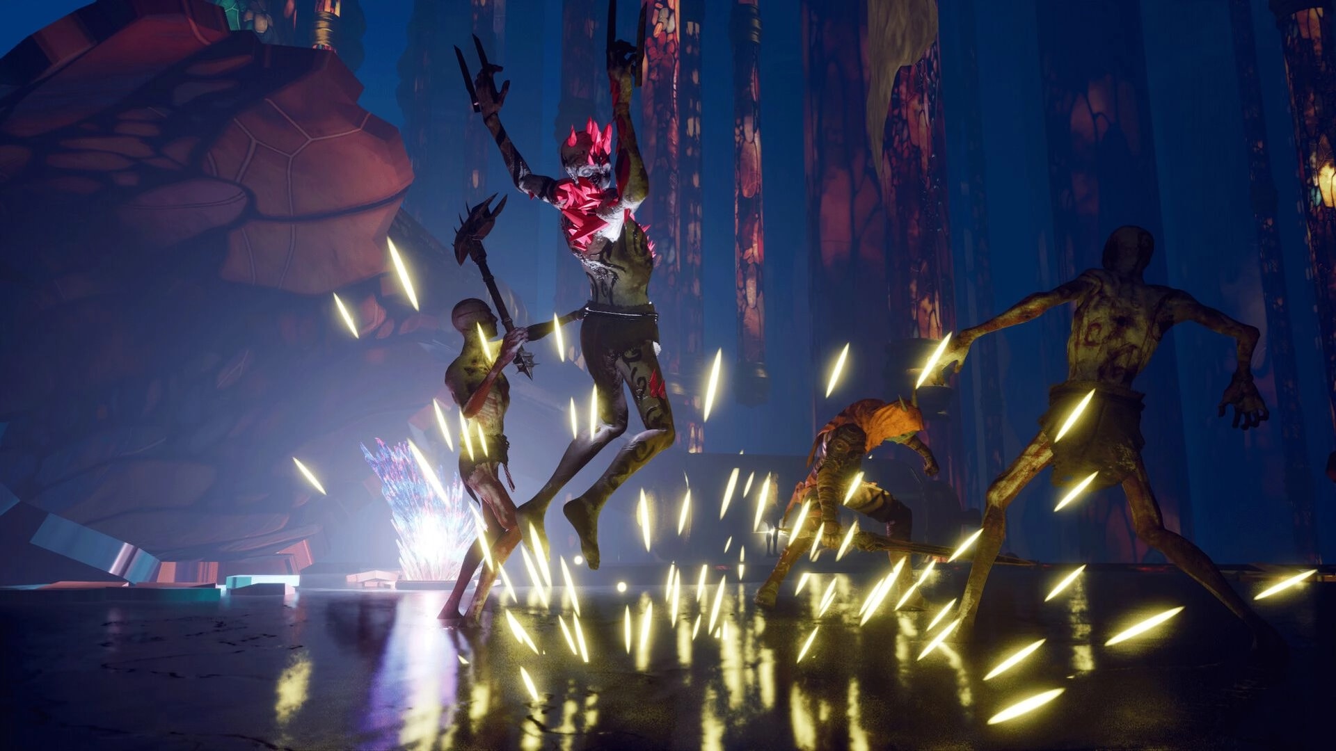 Witherbloom: Crystal-armored foe leaps amid melee sparks in a towering stained-glass hall arena.