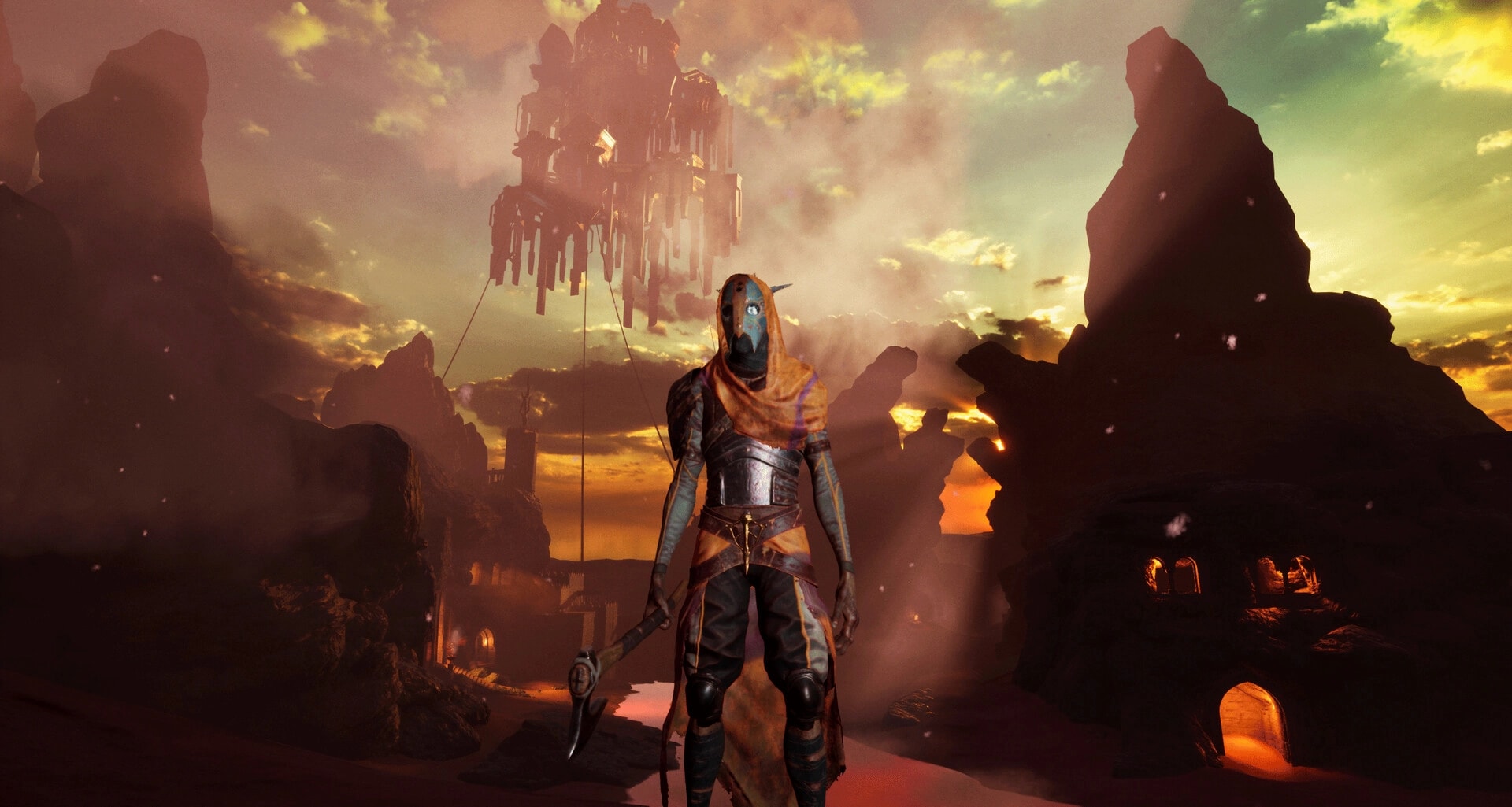 Witherbloom: Hooded, masked warrior holding a pickaxe in a sunset canyon beneath a floating ruin.
