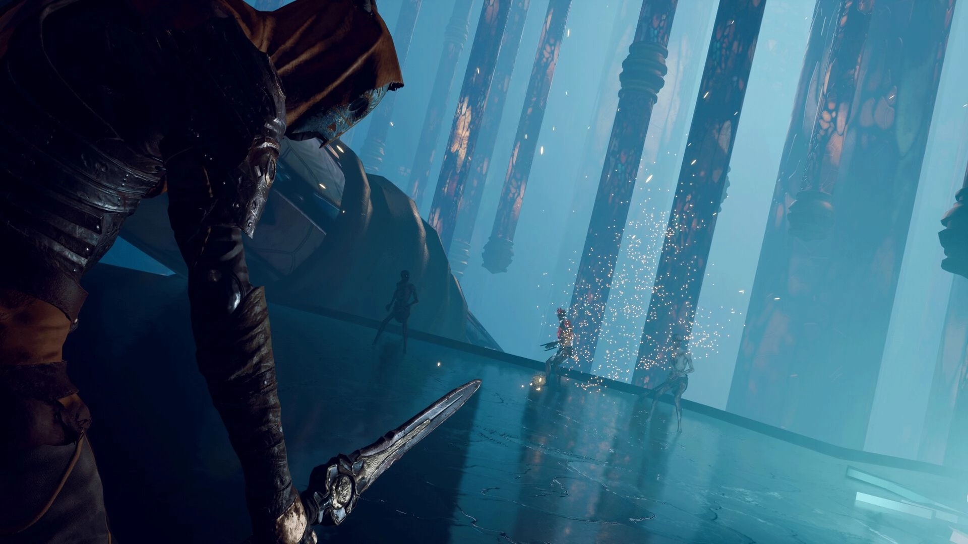 Witherbloom: Hooded warrior with dagger faces two foes on a glowing platform amid towering blue pillars.