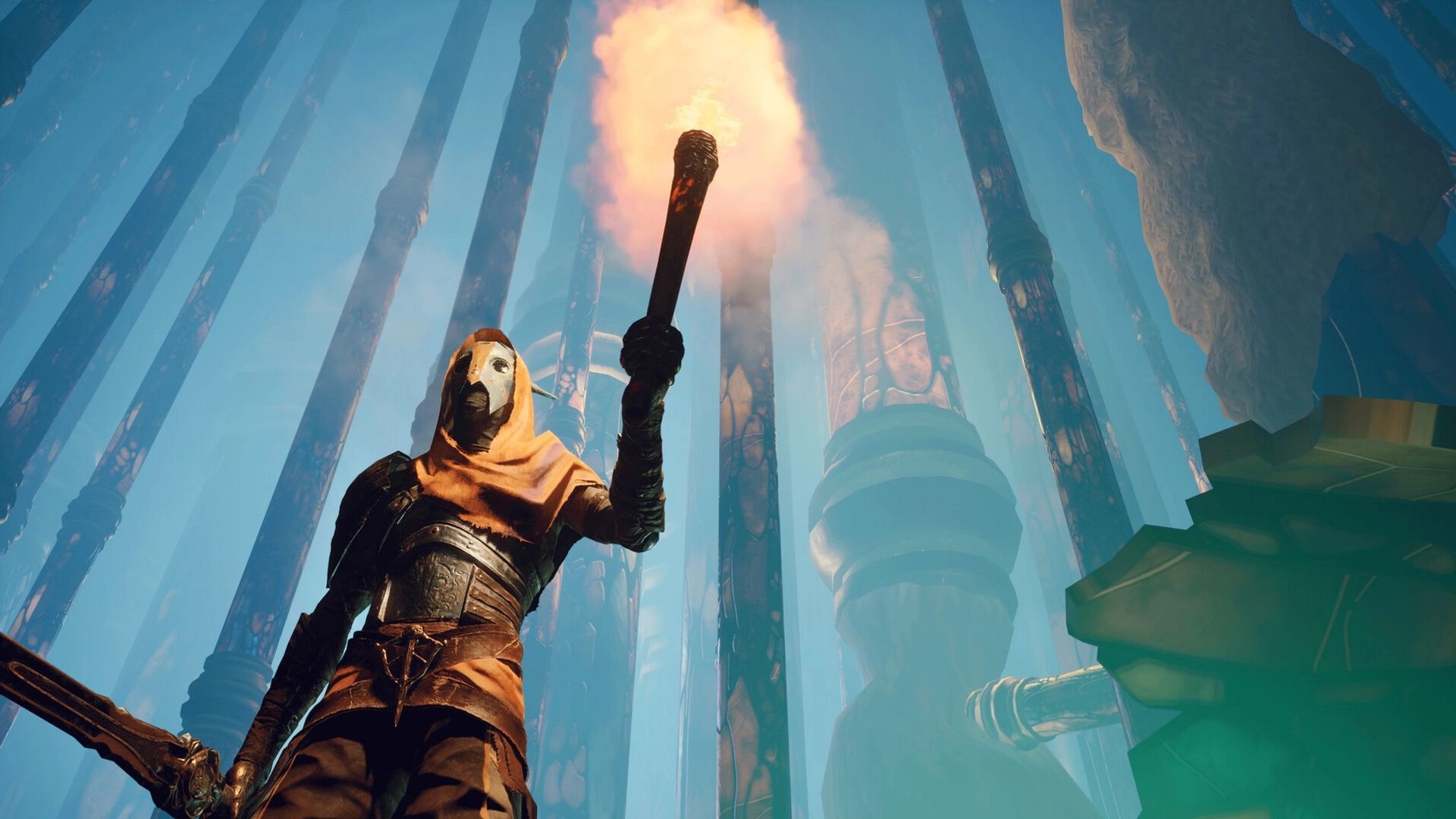 Witherbloom: Hooded adventurer raises a flaming torch amid towering blue-lit pillars and ruins.