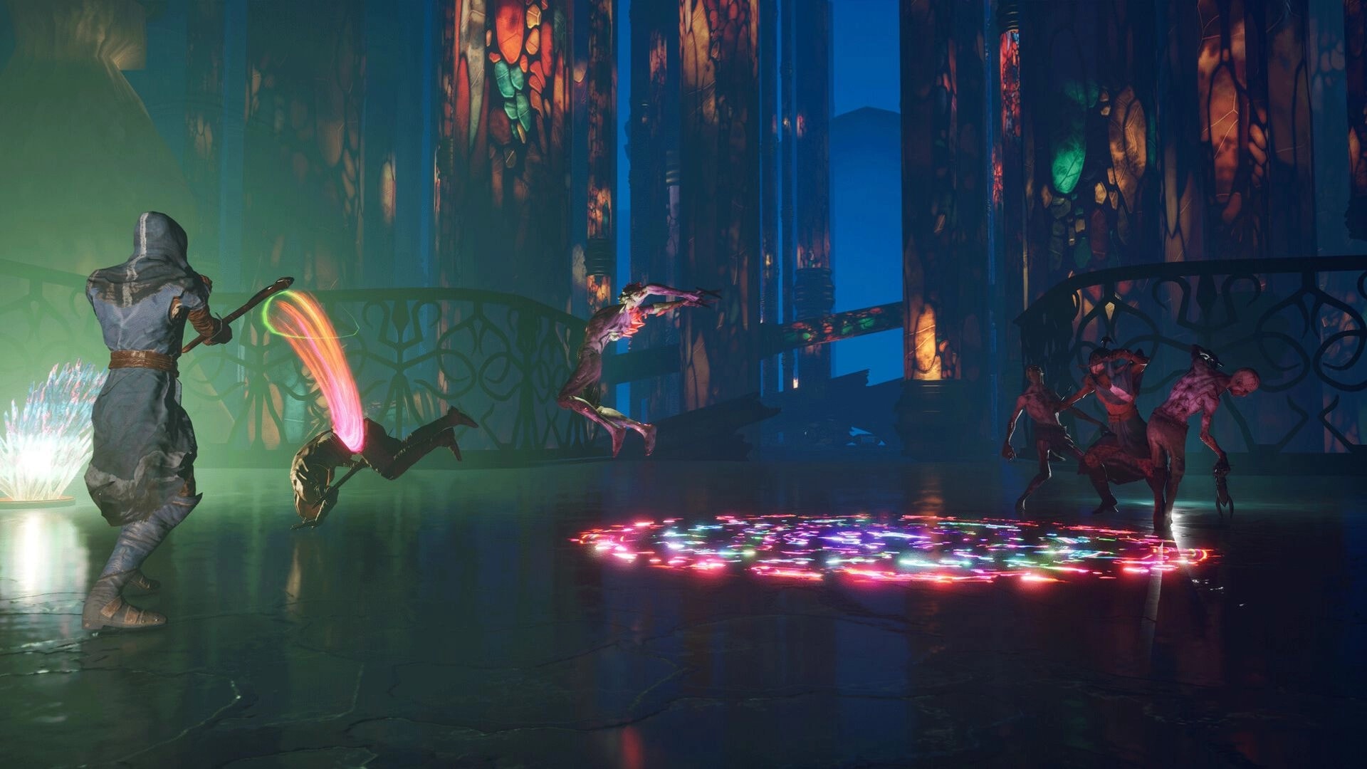 Witherbloom: Hooded archer fires at lunging mutants in a stained-glass hall with glowing rune circle.