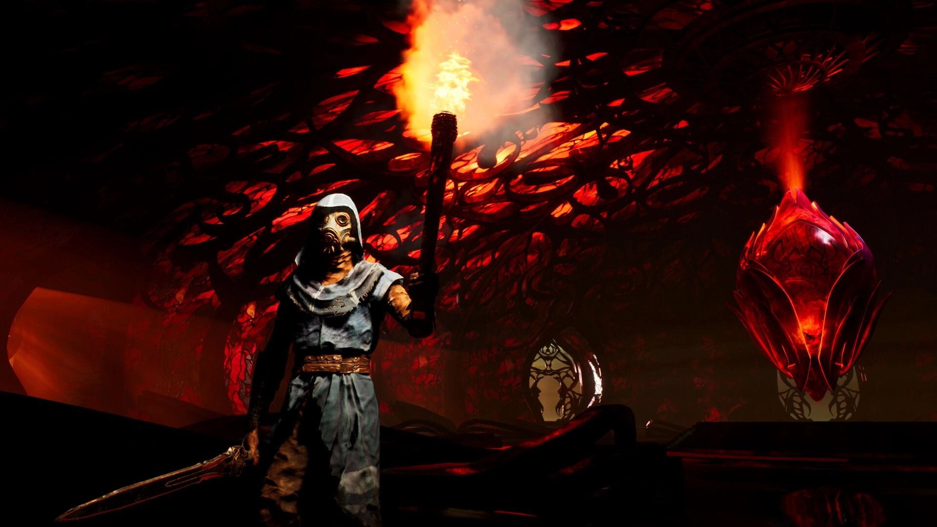 Witherbloom: Hooded, masked adventurer holds a torch in a red, organic chamber with glowing pods.