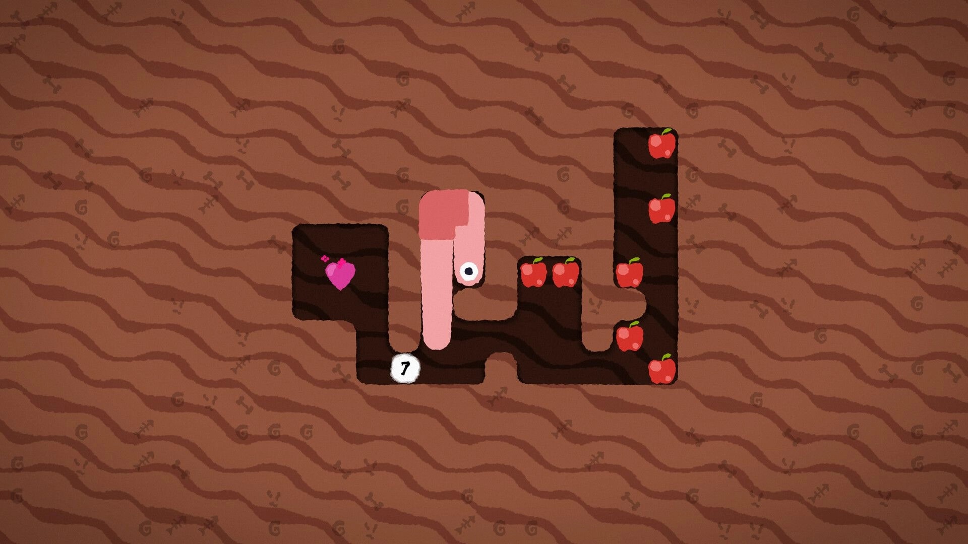 WOIM: Pink woim navigating a dirt tunnel maze, with apples, a heart icon, and a 7 tile marker.