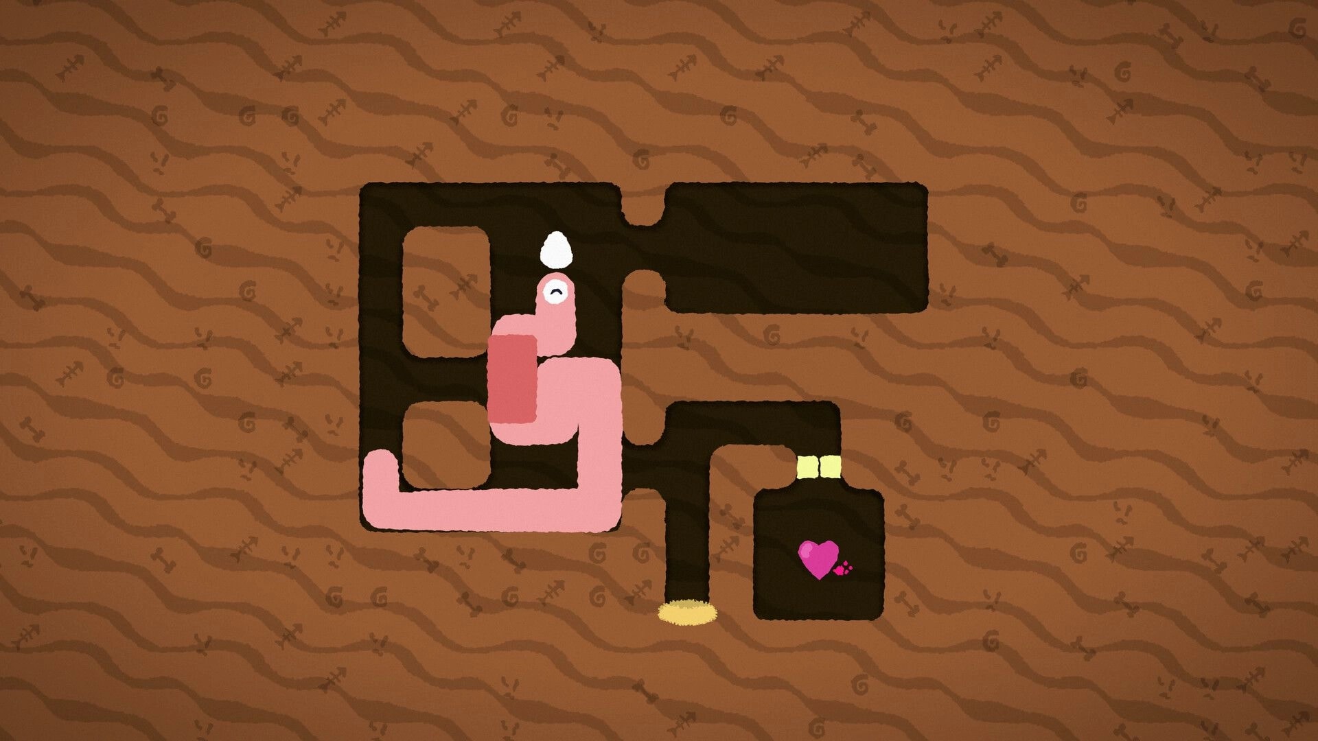 WOIM: Pink woim coils through dirt tunnels toward a white egg and a heart icon in a side chamber.