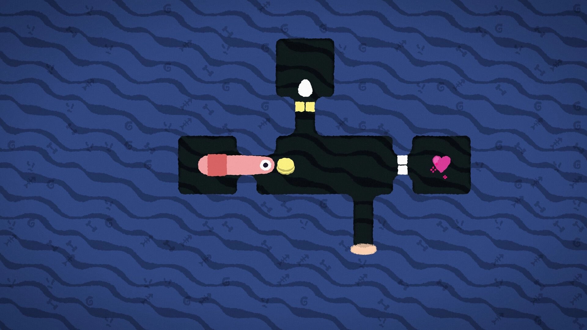 WOIM: Pink woim pushes a yellow ball through dark tunnels toward an egg and heart icon room.