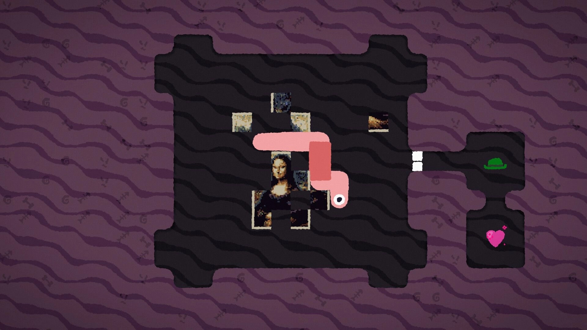 WOIM: Pink worm navigates block puzzle beside portrait tiles in dark underground maze with exits.