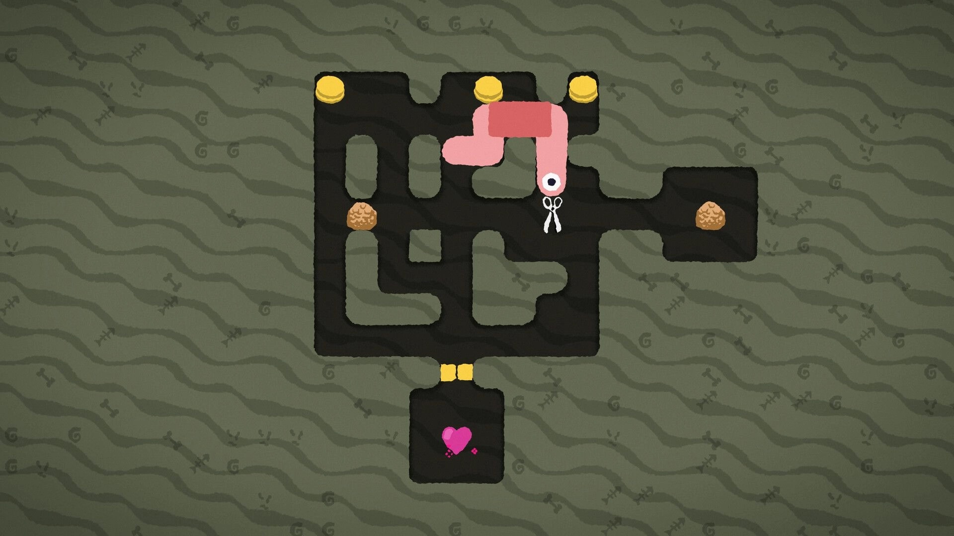 WOIM: Pink woim navigates dirt tunnels past scissors and rocks toward yellow caps and heart room.