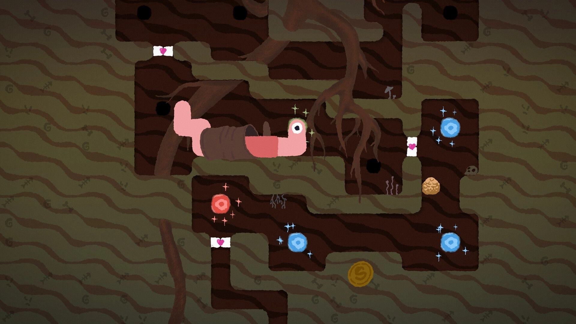WOIM: Pink worm stretches through dirt tunnels past glowing orbs and heart flags under roots.