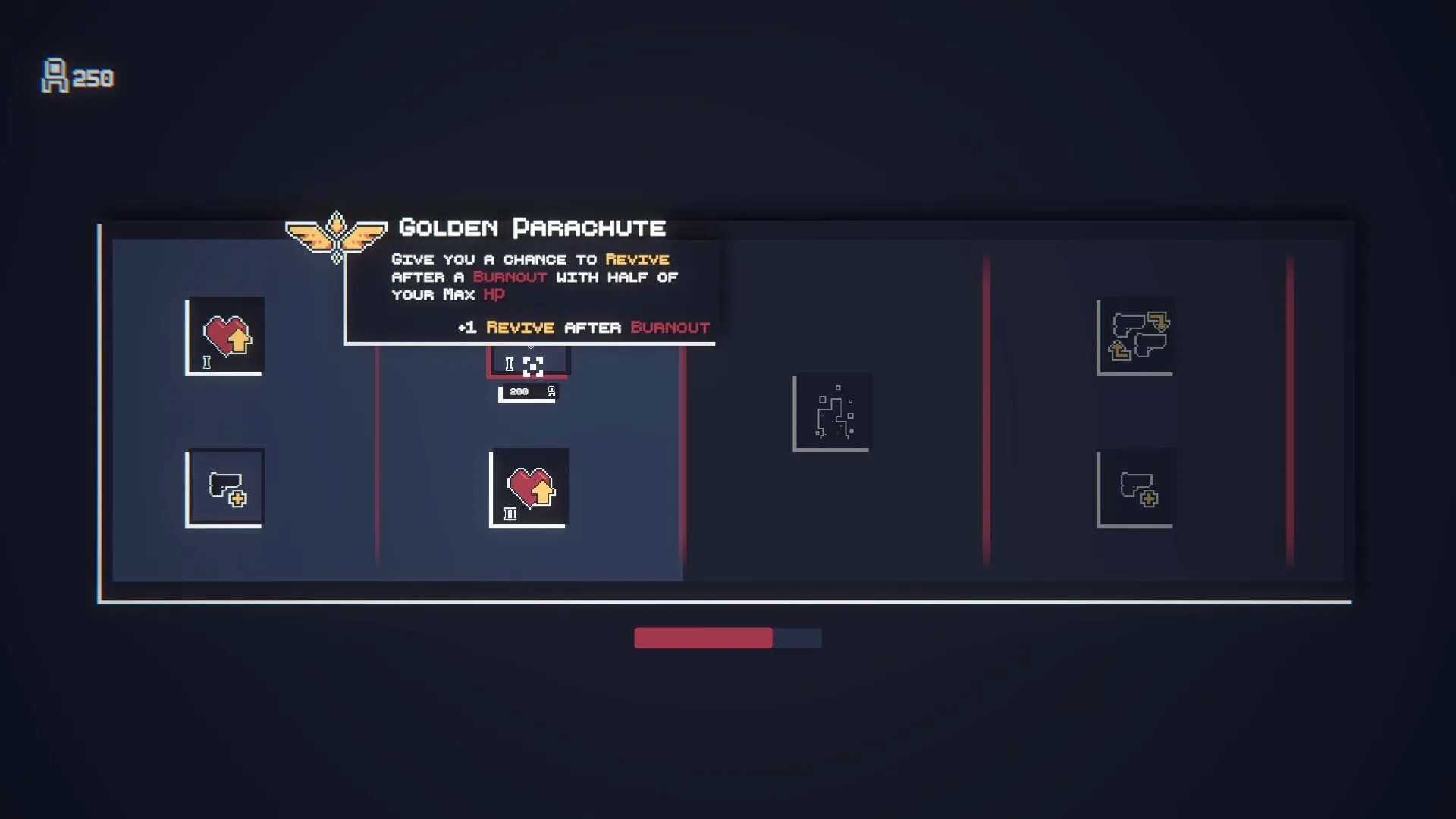 Work In Progress: UI with Golden Parachute description and health upgrade icons in dark interface