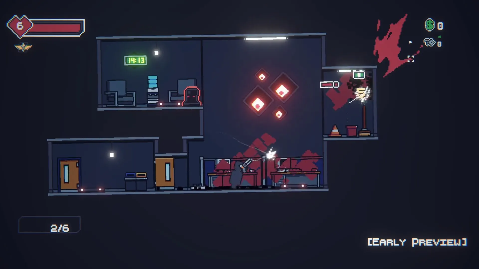 Work In Progress: Character in office shooting at enemies with health bar and currency displayed