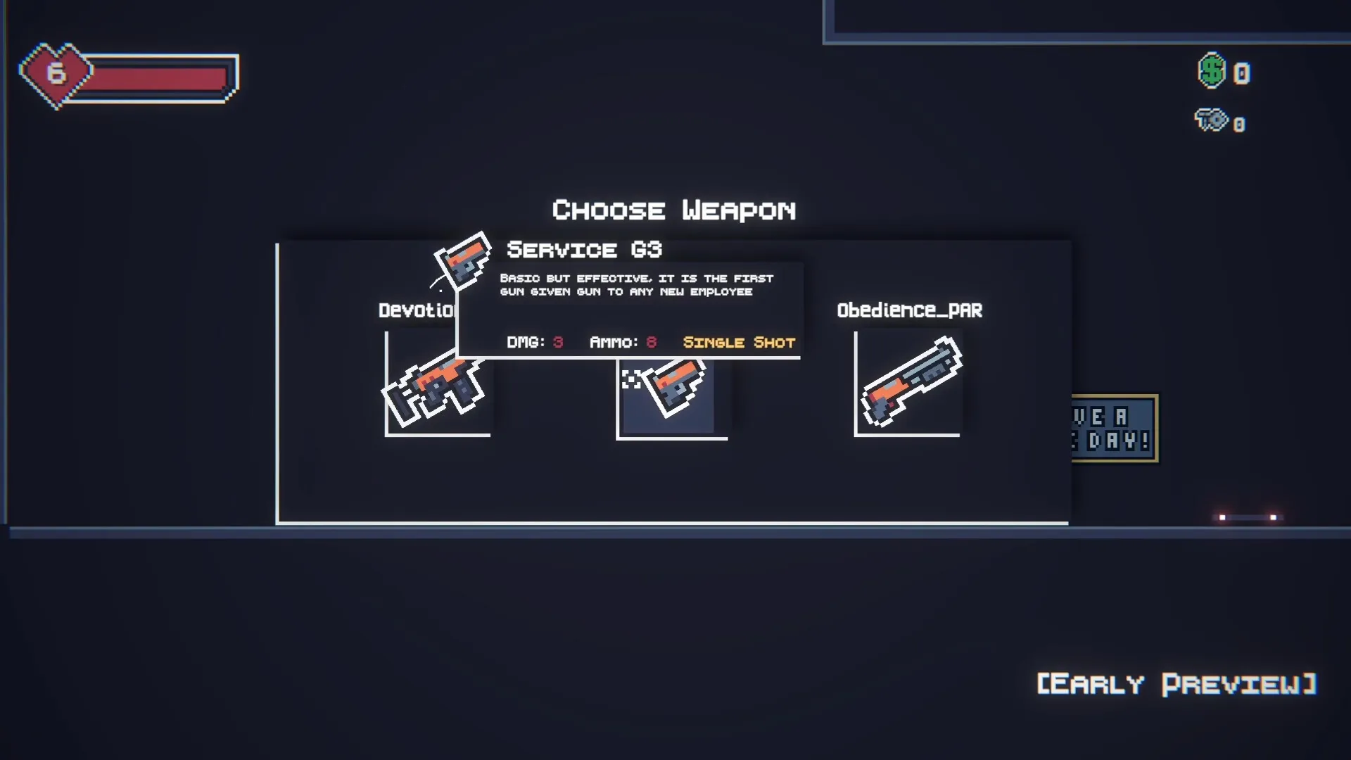 Work In Progress: Weapon selection screen with Service G3 details in dark interface, early preview mode