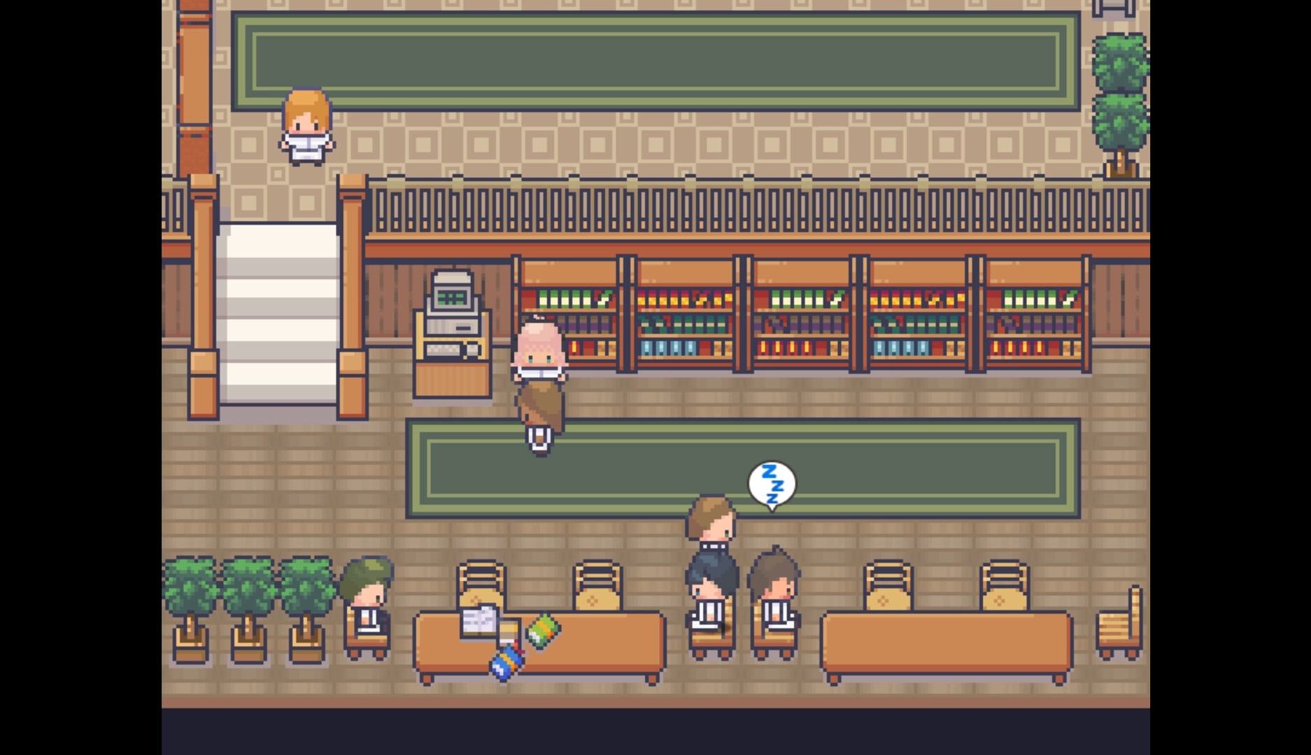 Work Life Balance: Characters in a library with bookshelves, sleeping person, and office decor