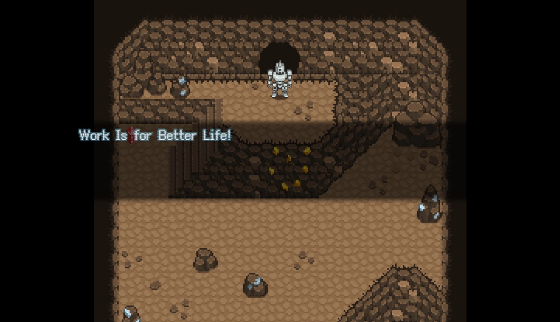 Work Life Balance: Robot character stands in rocky cave, text "Work Is for Better Life!" displayed