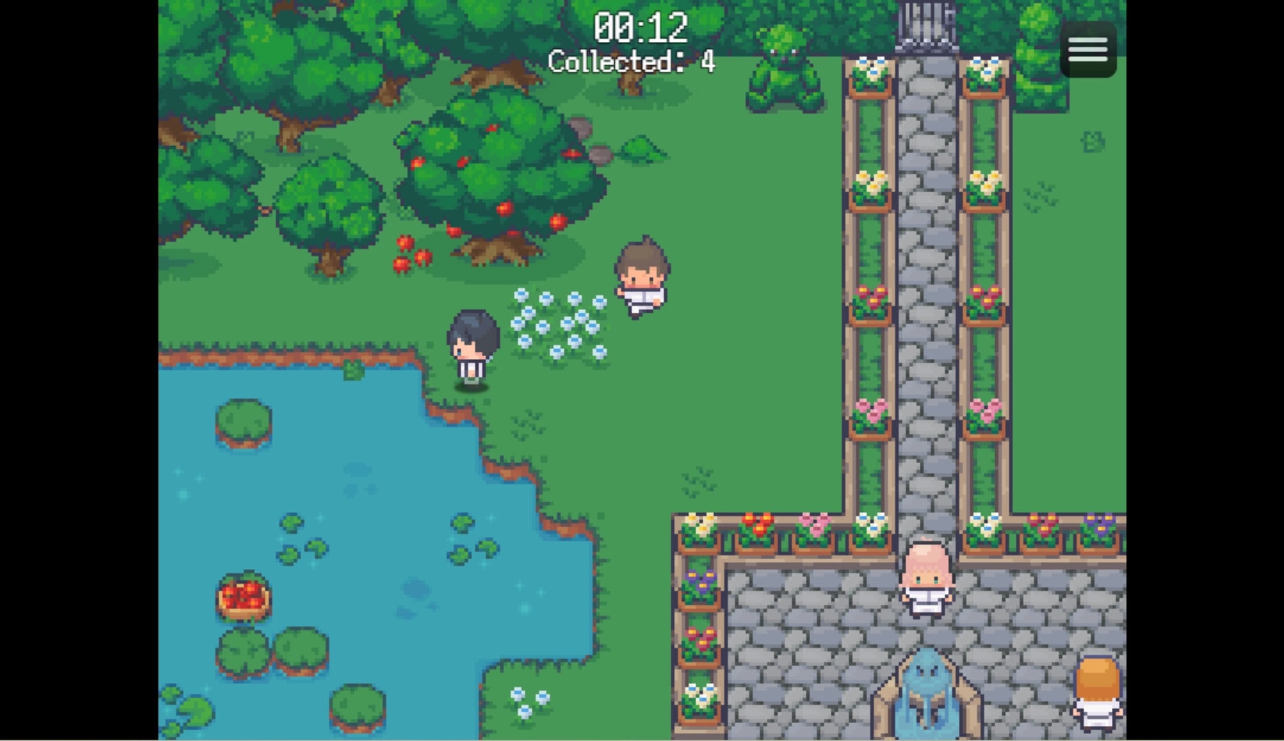 Work Life Balance: Characters explore garden near pond, collecting items with timer and count displayed