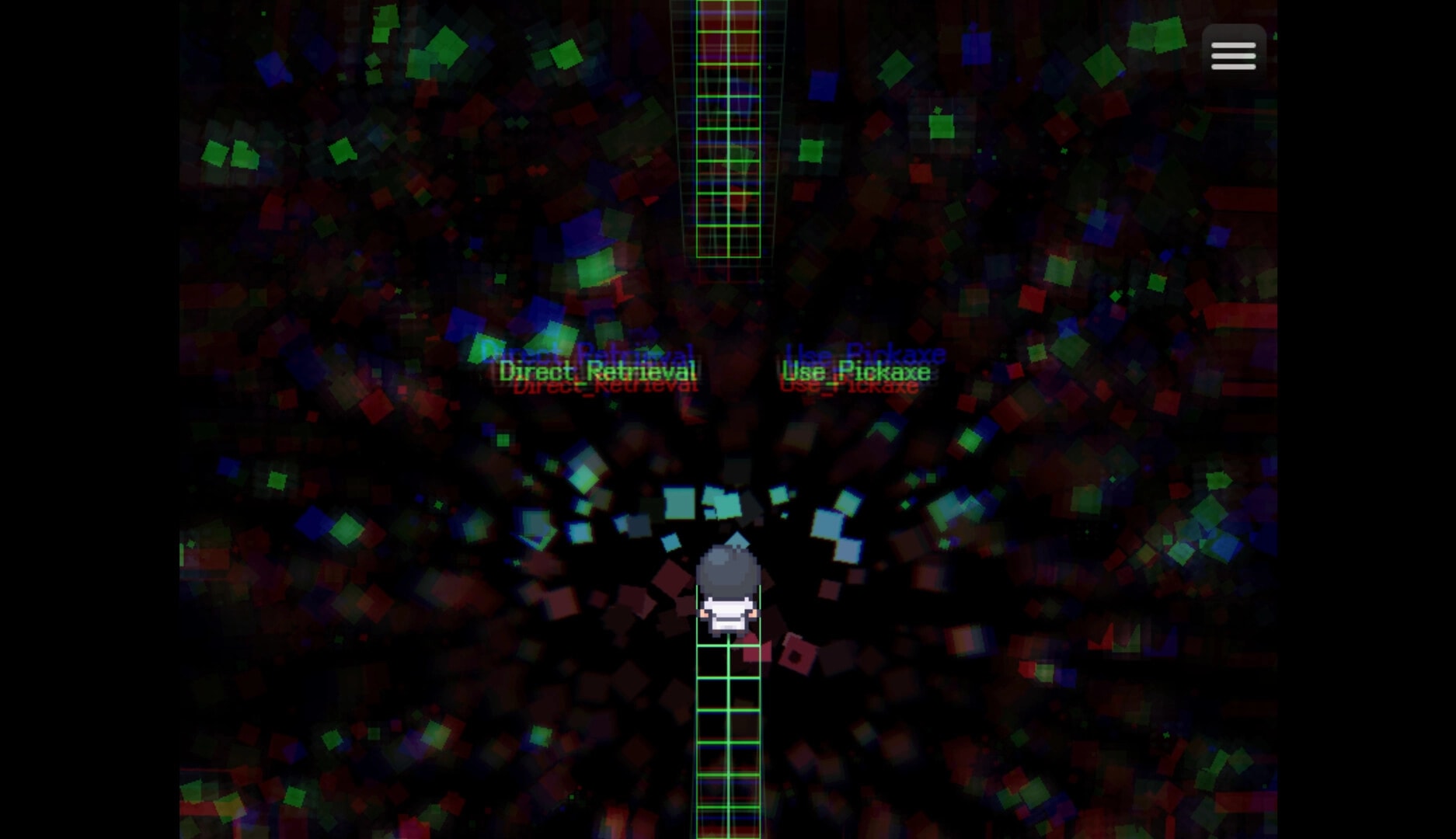 Work Life Balance: Character on a glowing grid path with "Direct Retrieval" and "Use Pickaxe" options