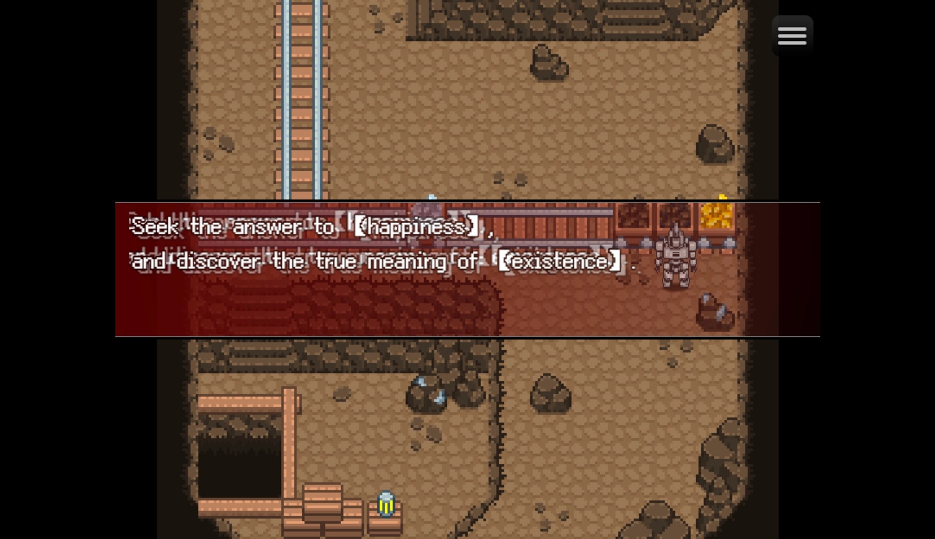 Work Life Balance: Character in armor stands on mining tracks with dialogue about happiness and existence