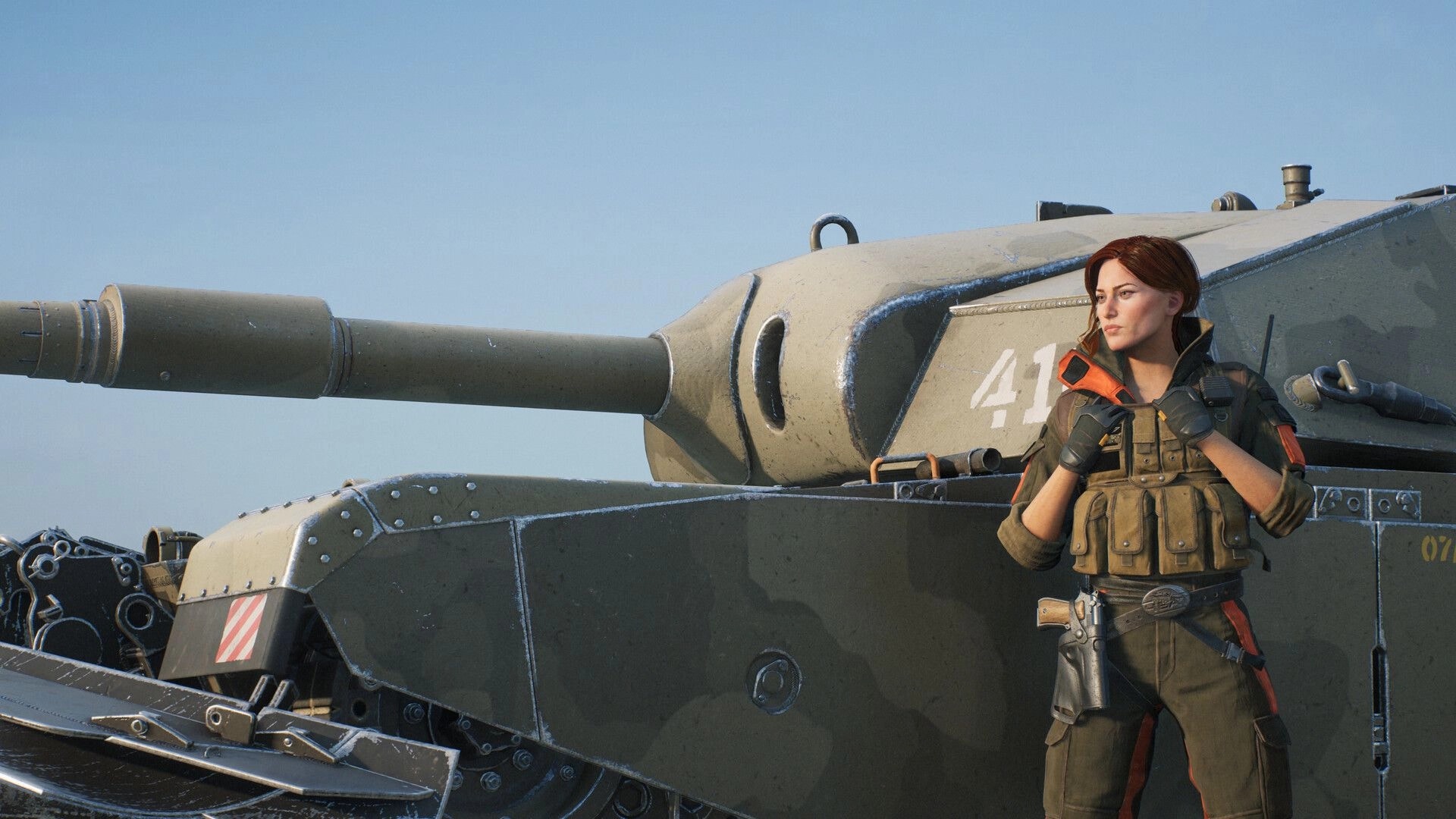 World of Tanks: Female agent stands by tank marked 41, close-up in bright daylight hangar scene.