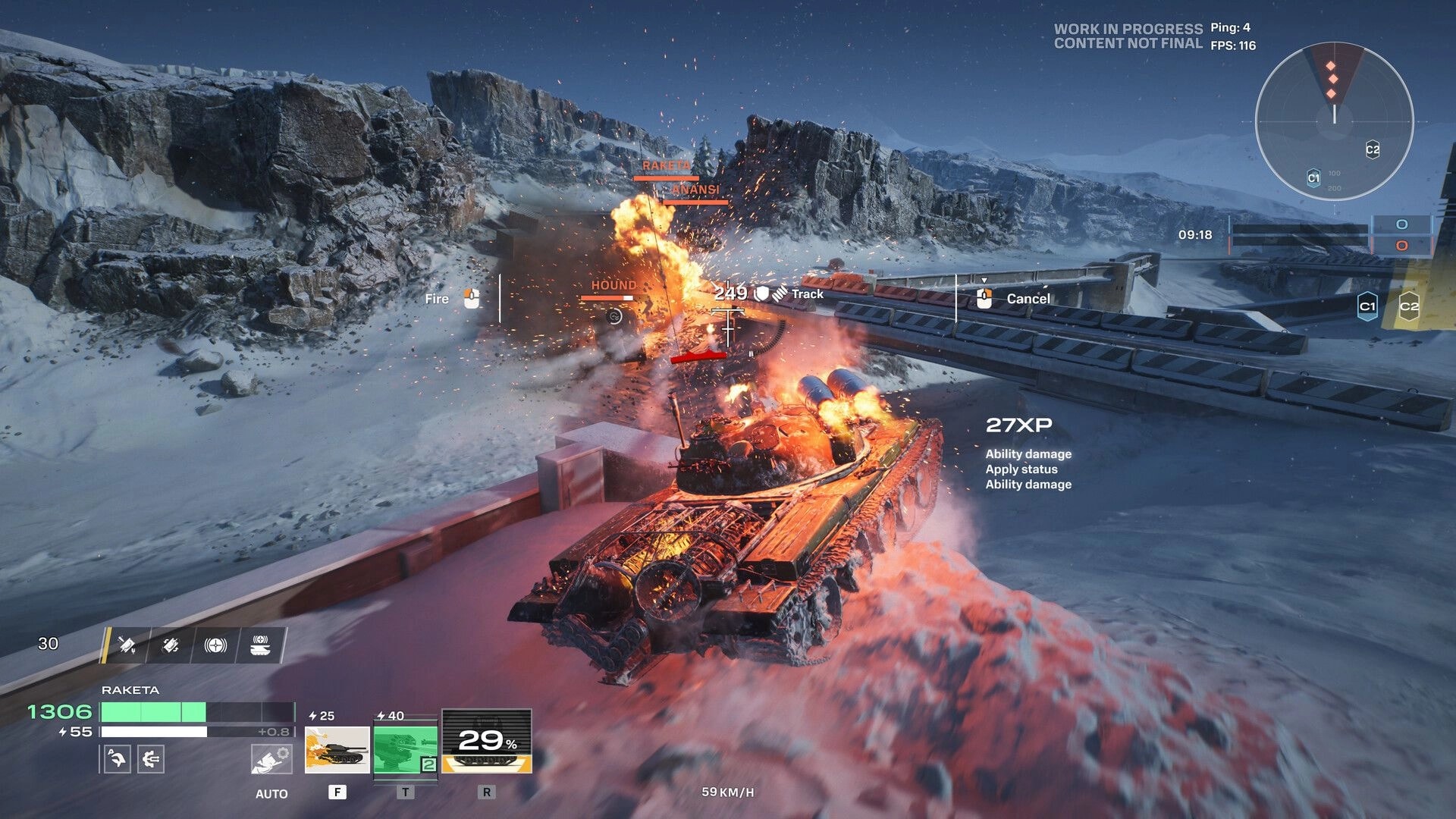World of Tanks: Tank blasts enemies with fire and track damage UI on snowy bridge and cliffs map.