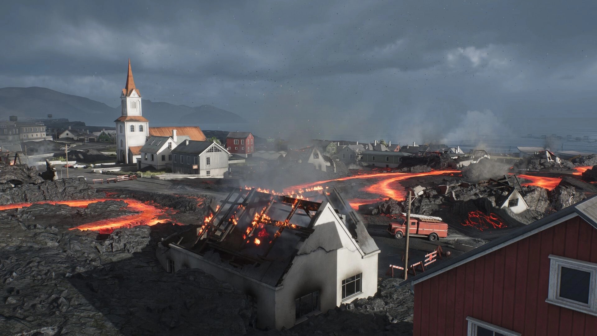 World of Tanks: Lava flows through a coastal town with burning houses and a church under stormy skies.