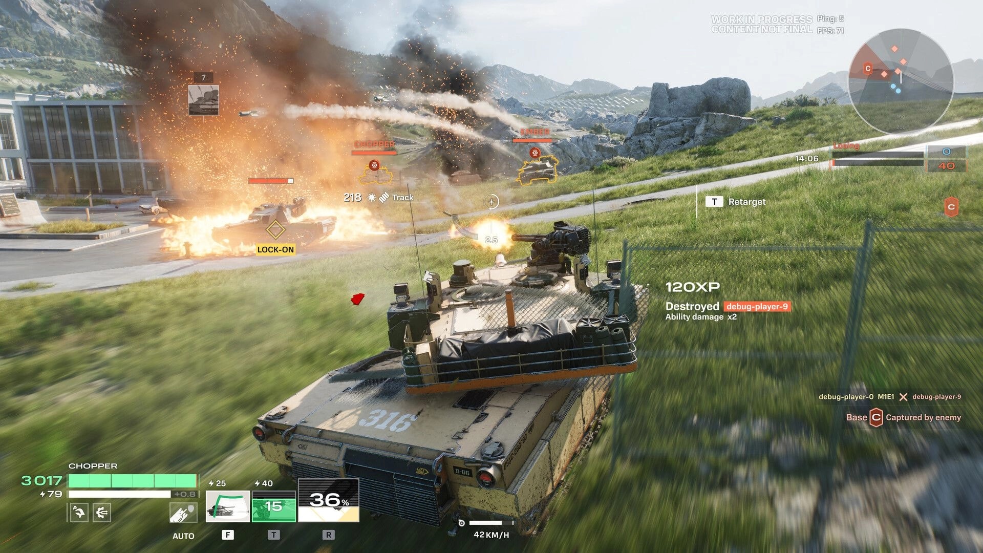 World of Tanks: Tank fires at enemies as explosions erupt on grassy hillside near base capture UI map.