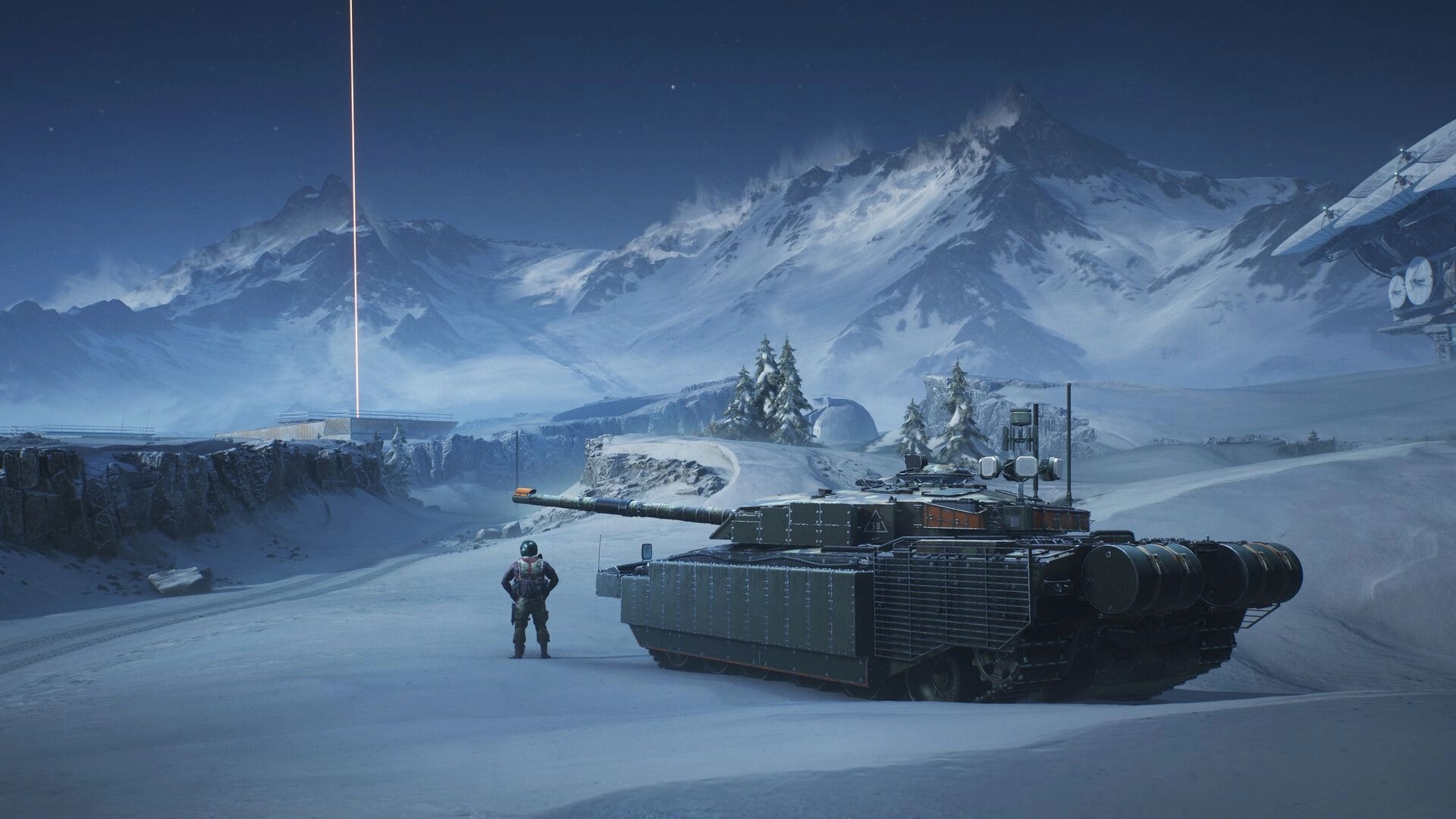 World of Tanks: Tank parked beside a lone soldier in a snowy mountain base under a starry sky.