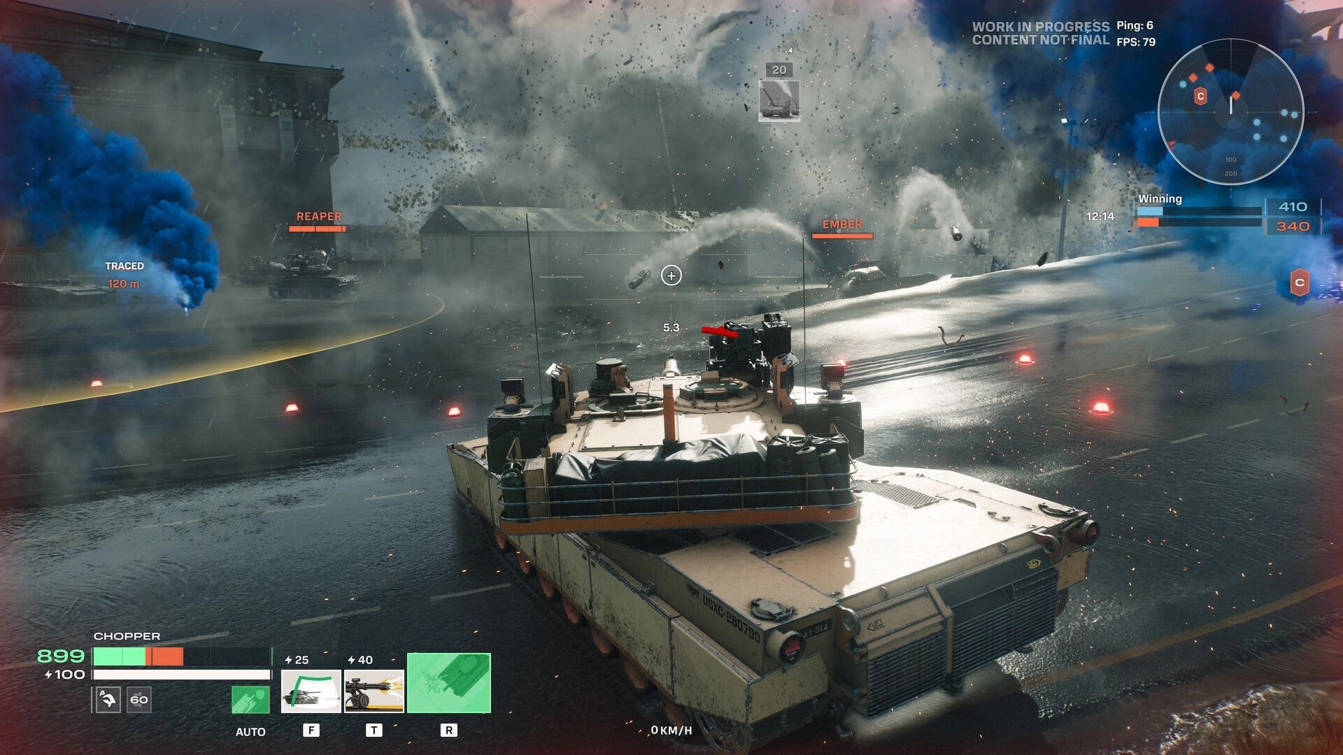 World of Tanks: Tank aiming at enemies amid smoke and explosions on wet runway with minimap and score HUD.