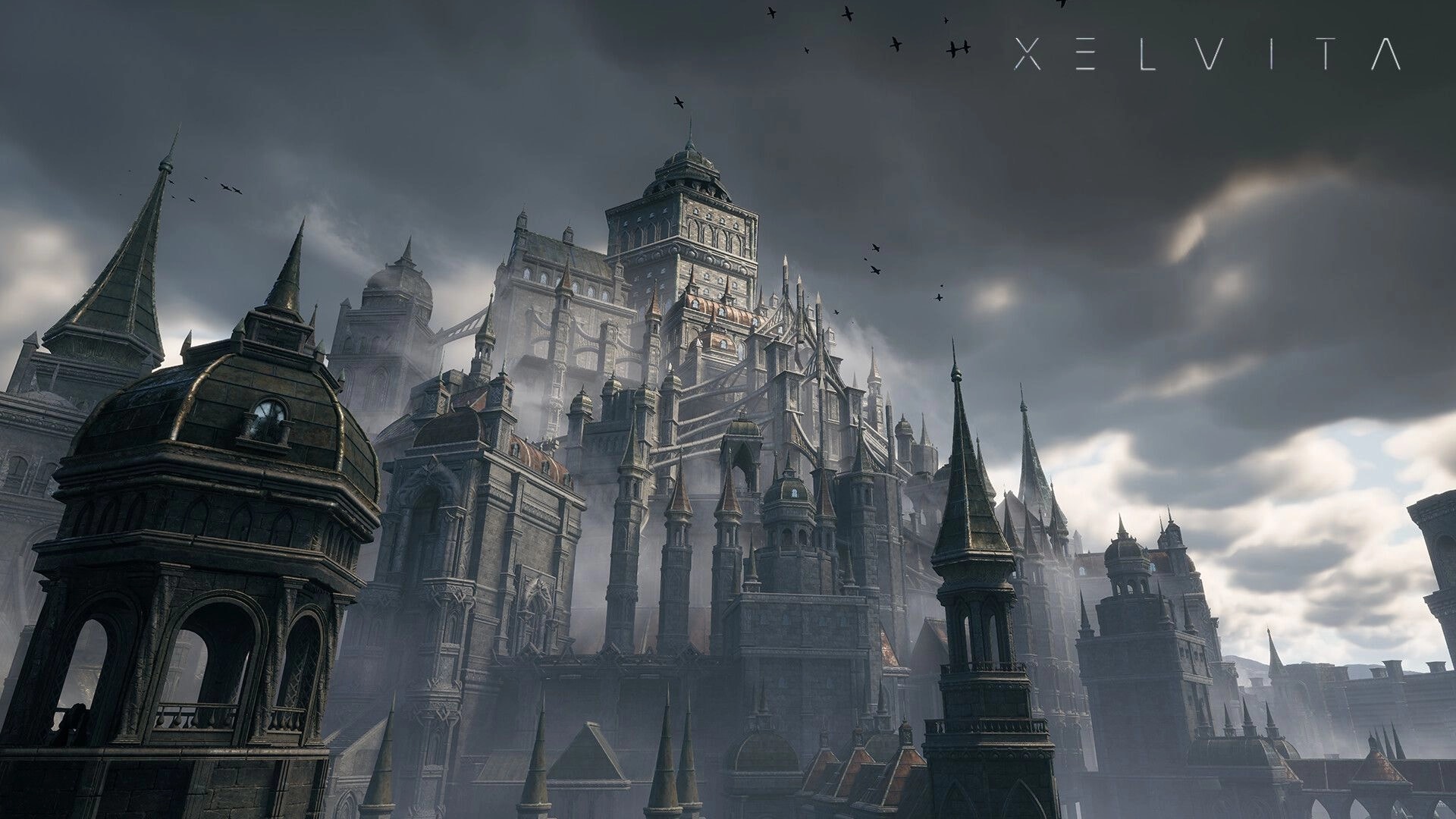 XELVITA: Distant view of towering gothic sci-fi fortress under storm clouds, XELVITA logo top right.